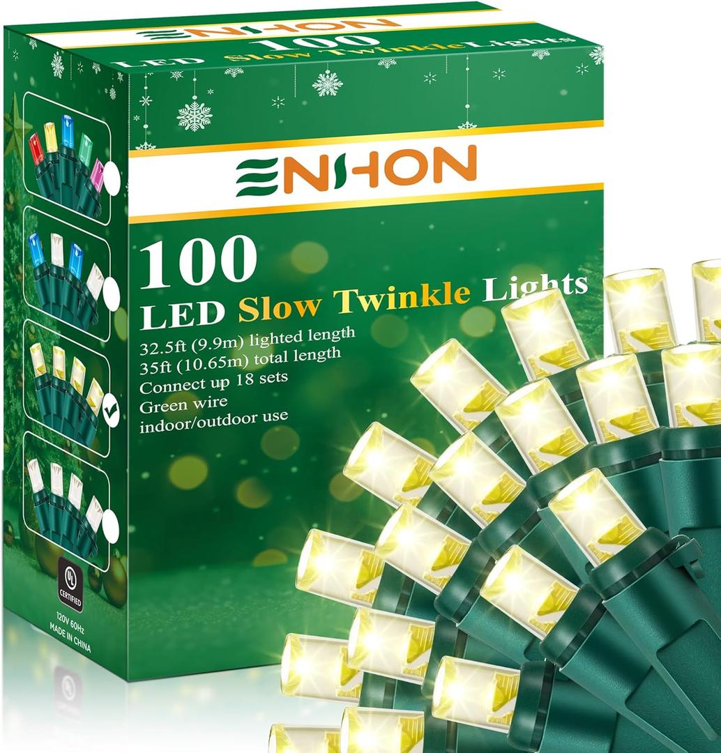 Enhon Slow Twinkling Christmas Light, 100 Lights 35 Ft Twinkle Pulsing Christmas, 5mm LED Wide Angle Soft Random Shimmering Set with Green Wire(Warm White,1 Pack)