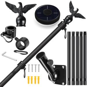 LETSTRY 6FT Flagpole Kit for House with Solar Light and Adjustable Bracket, 1' Thickened Stainless Steel Outside Wall Mount Flagpole for 3x5' American Flag, for Residential, Outdoor or Porch, Black