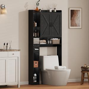 Over the Toilet Storage Cabinet, 31.1W Bathroom Organizer with Double Doors, Above Toilet Rack, Detachable Toilet Paper Holder for Bathroom & Laundry Room Black