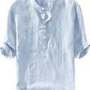 Ryannology Mens Linen Shirts Casual Cotton 3/4 Sleeve Regular-Fit Henley T-Shirt Summer Lightweight Beach Yoga Tops (01 Sky Blue, XXL)