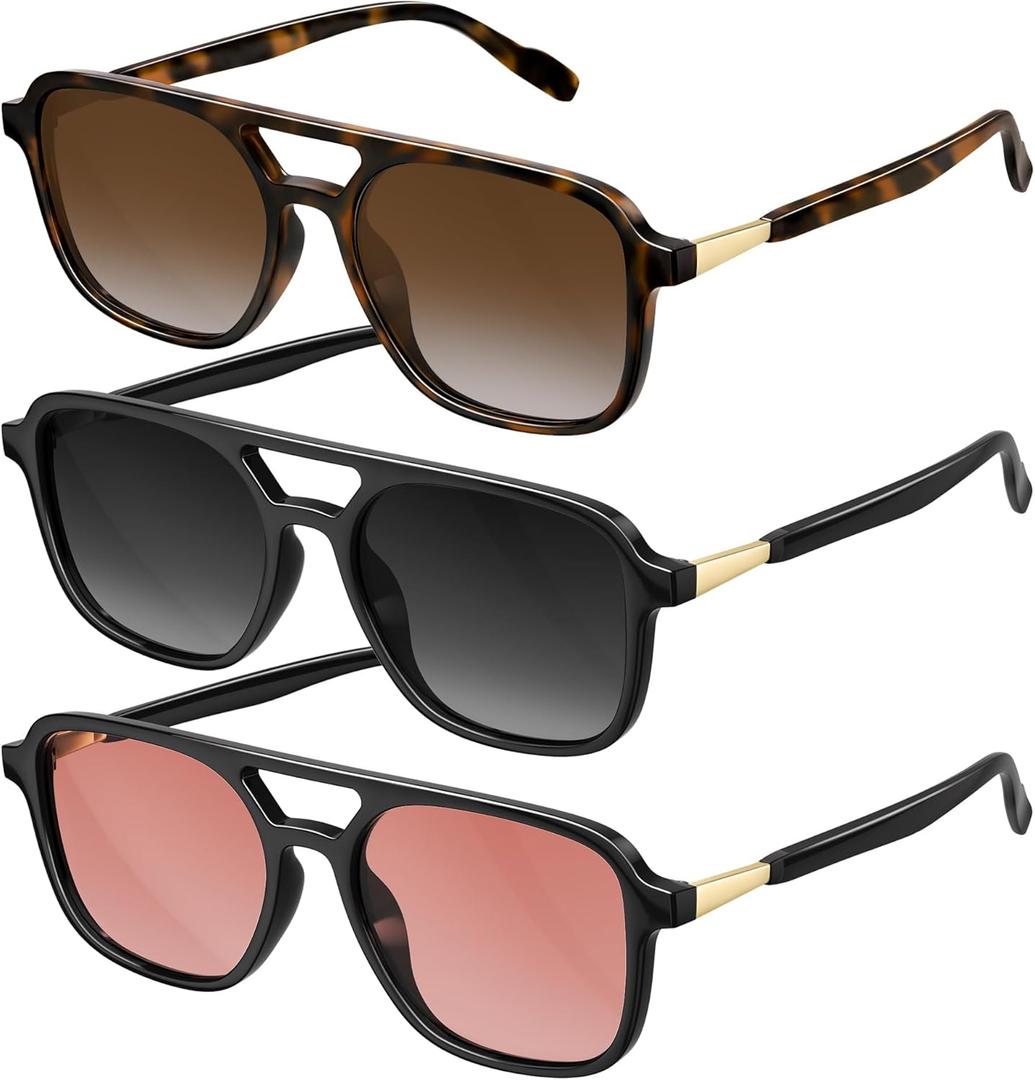 Retro Aviator Sunglasses for Women Men:Polarized Trendy Vintage 70s Rectangle Womens Shades Sun Glasses UV Protection 3 Pack