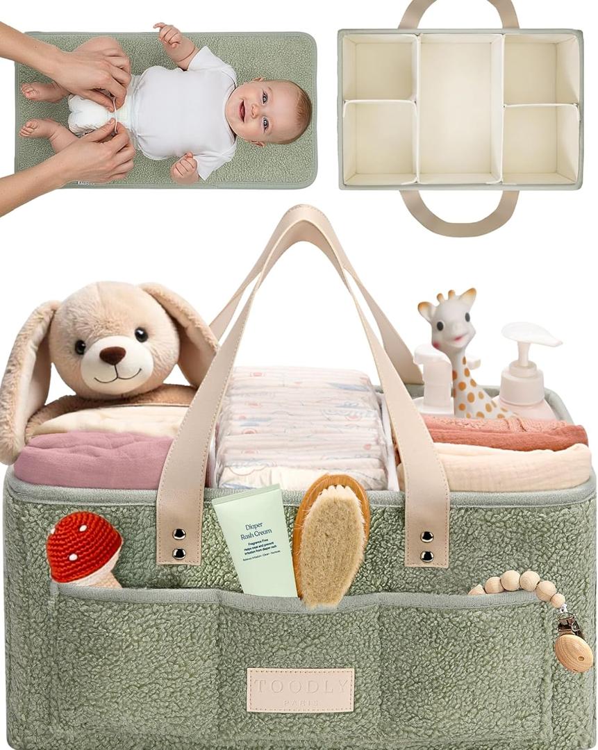 Baby Diaper Caddy Organizer with Portable Changing Mat - Teddy Fleece Diaper Organizer for Changing Table - Basket for Changing Essentials - Baby Essentials Organizer with Removable Dividers