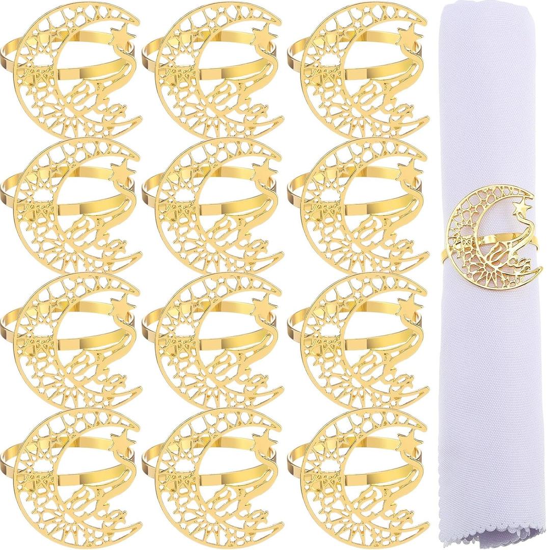 FillTouch Gold Napkin Rings Set of 12 Rhinestone Moon and Star Metal Napkin Holder Eid al Adha Mubarak Napkin Rings Napkin Buckles Eid al Adha Mubarak Table Decoration for Muslim Theme Party