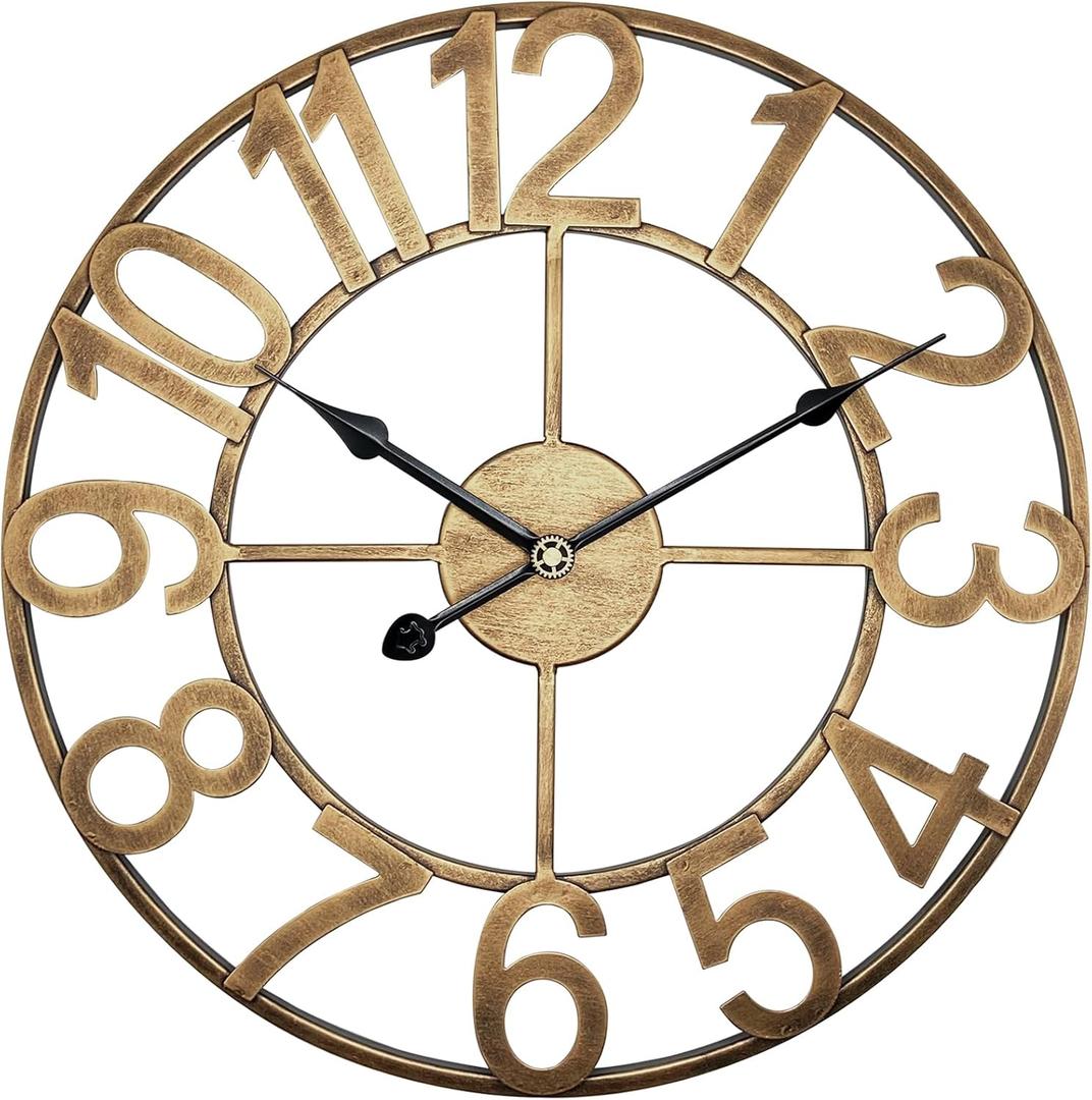 Large Outdoor Clock, 16 Inch Kitchen Wall Clock Silent Non-Ticking Battery, Retro Vintage Gold Metal Decorative Clock for Outdoor Patio, Farmhouse, Living Room, Office