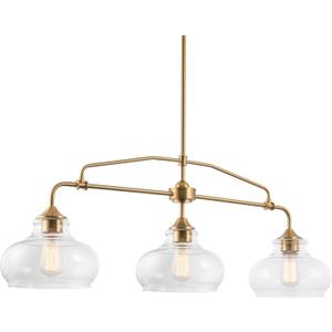 Kira Home Harlow 38" Modern Industrial Farmhouse 3-Light Kitchen Island Light with Clear Glass Shades, Adjustable Hanging Height, for Dining Room, Living Room or Kitchen, Cool Brass Finish