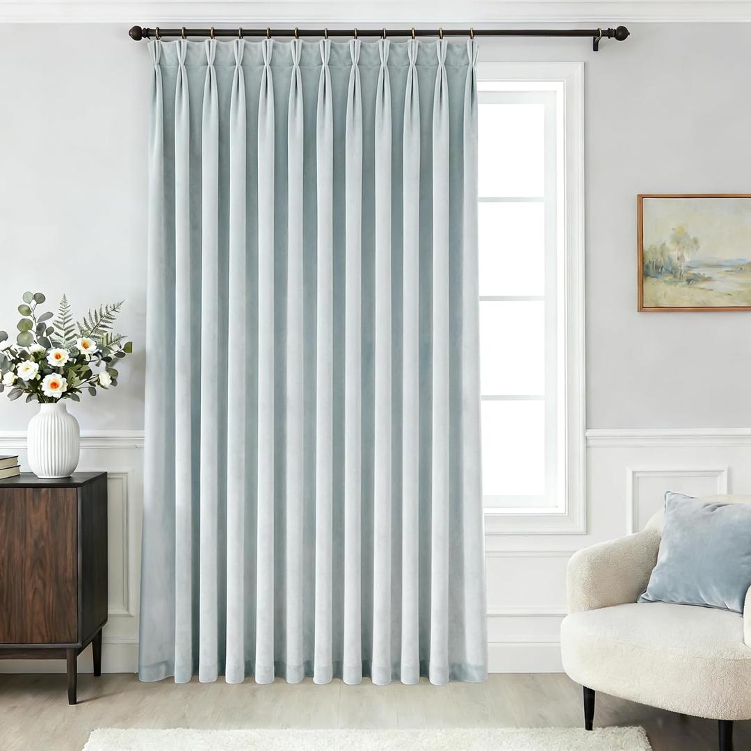 Extra Wide Thick Velvet Curtains 80x96 Inches Long Thermal Insulated Soundproof Room Darkening Luxury Pinch Pleated Window Drapes Set for Bedroom Living Room Grayish Blue 1 Panel