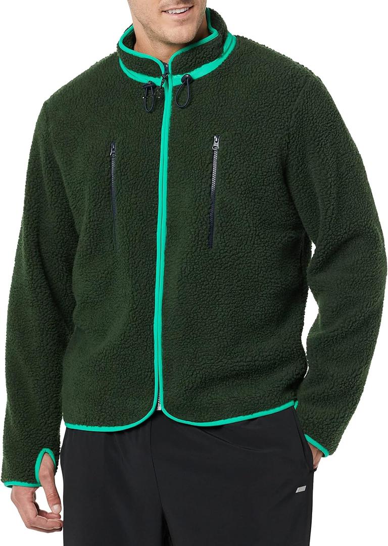 Amazon Essentials Mens Teddy Fleece Full-Zip Mock Neck Jacket with Chest Pockets (X-Small, Dark Green)