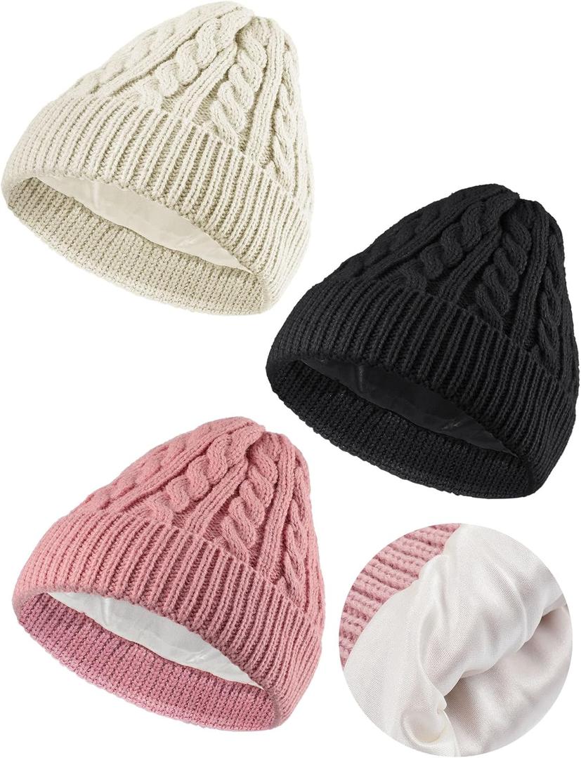 3 Pieces Kids Satin Lined Knit Beanies Winter Hat Child Warm Ski Skull Caps for Girls Boys Baby Toddlers 3-12 Years (Black, Pink, Khaki)