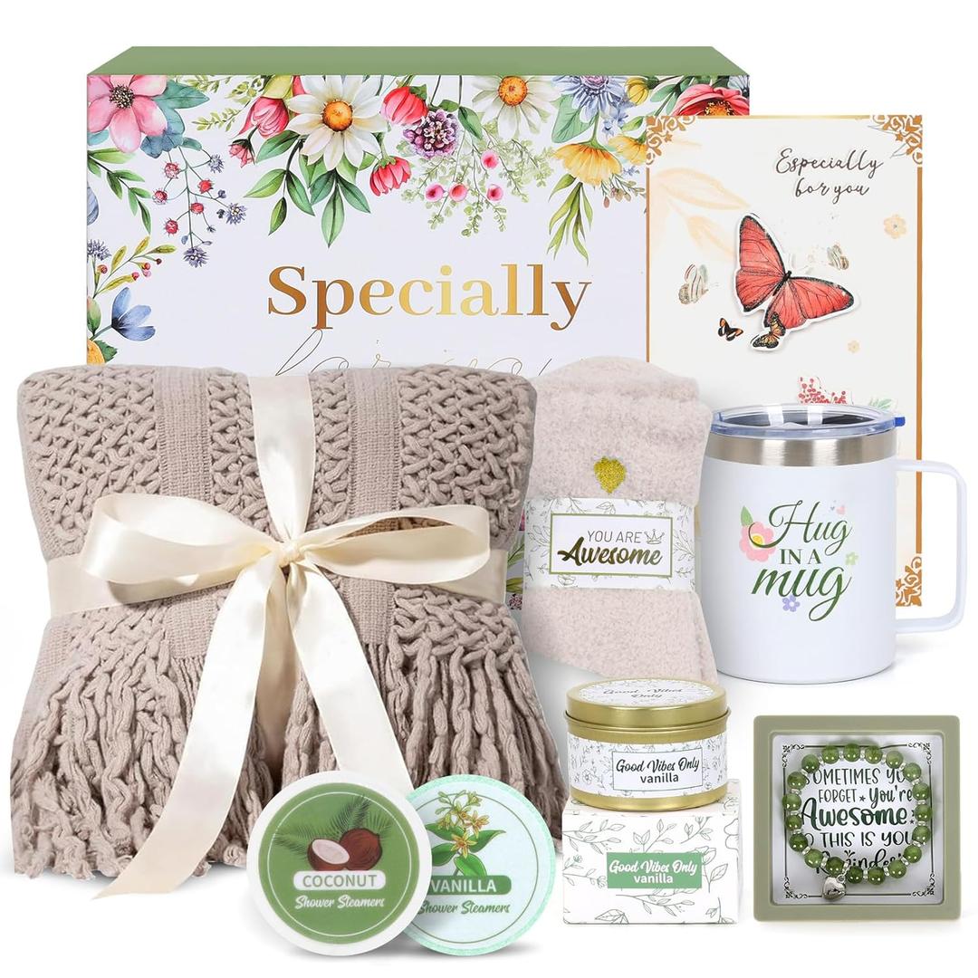 Valentines Day Gifts for Her - Spa Gift Box with Candle, Cozy Blanket, Tumbler & Bracelet - Romantic Self Care Package for Wife, Girlfriend - Birthday, Thinking of You (Taupe)