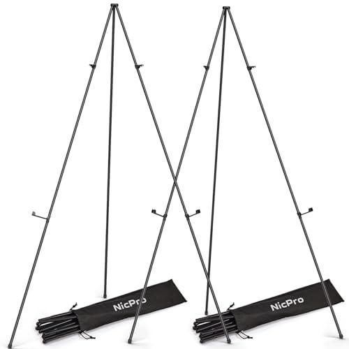 JoyYeux Art Folding Easels for Display, 2 Pack Metal Floor Easel Stand Bulk Tripod Black Collapsible for Sign Artist Poster Wedding | with Carry Bag