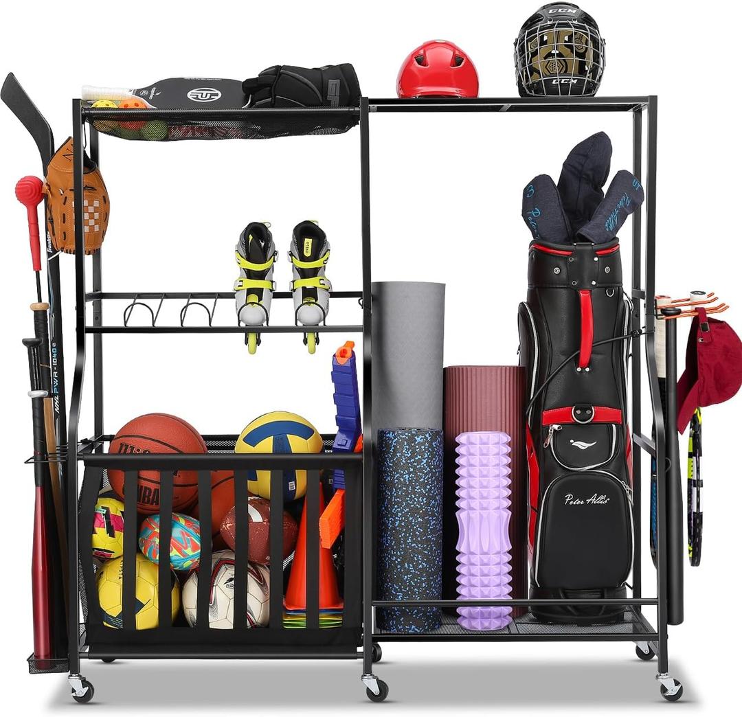 EXTCCT Garage Sports Equipment Organizer with Wheels - Golf Bag Storage Rack and Ball Storage Bins, Heavy Duty Rolling Garage Organizer System with Basket and Hooks for Indoor (Black-Large)