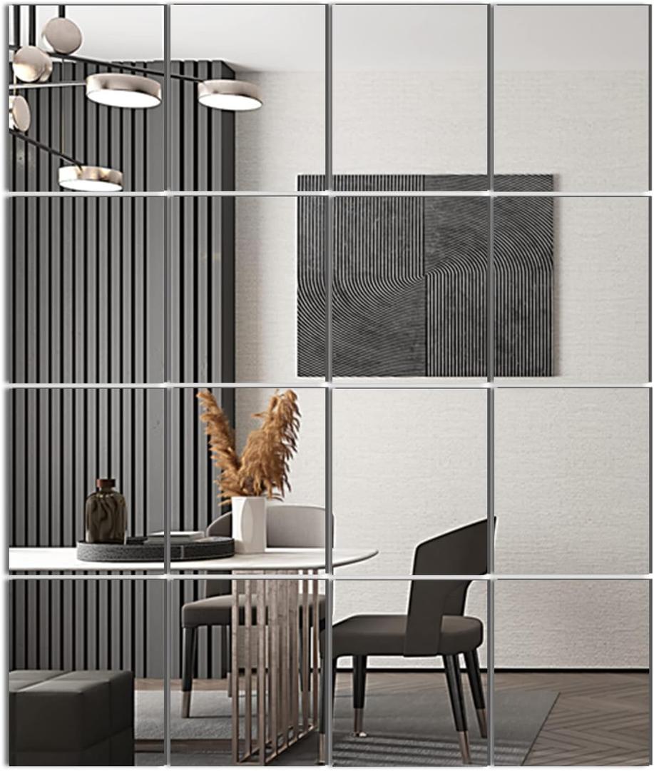 Delma Home Gym Mirror Tiles, 14'' x 12'' Glass Frameless Mirror (16 PCS), Large Wall Mirror for Home Gym, Bedroom, Door, Bathroom