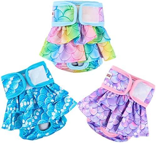 Fuz Bigaza Dog Diapers Female (3 Pack), Reusable Pet Diapers for Female Dogs, Washable Dog Panties Diaper Skirt for Dogs in Heat, Period, Incontinence, or Excitable Urination(Medium, Mermaid)