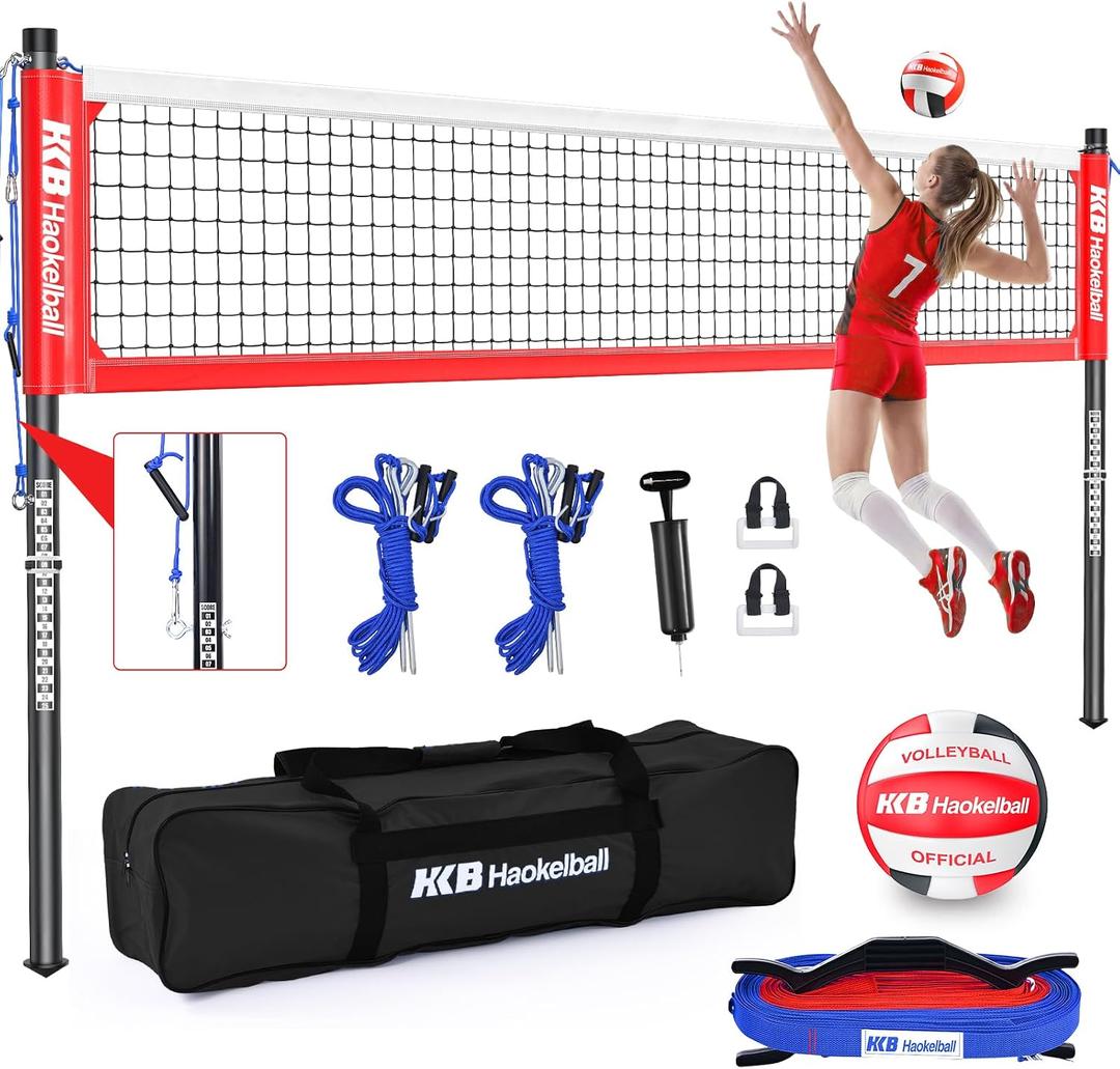Haokelball Outdoor Volleyball Net Set for Backyard, 32FT Regulation, 3-Level Adjustable Height & Anti-Sag Tension System, Heavy Duty Thick Poles, Includes Volleyball, Pump, Boundary Line and Carry Bag