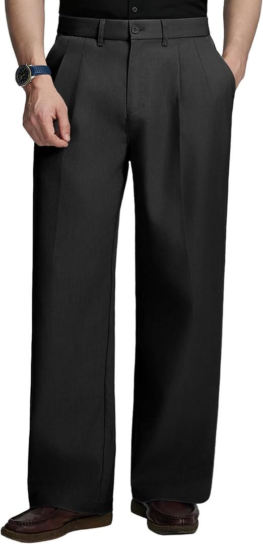 Susclude Mens Casual Dress Pants Old Money Baggy Wide Leg Pleated Slacks Vintage Stylish Loose Fit Work Trousers (32, Black)