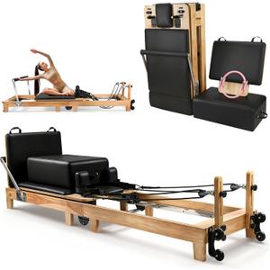 94.5" Pilates Reformer, Wooden Foldable Machine with Springs, Quick-Assembly Studio Grade Pilates Equipment with Sitting Box & Jump Board
