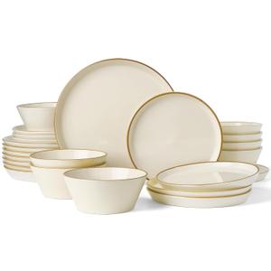 Famiware Saturn Stoneware Dinnerware Sets for 8 (24 Pieces), Ceramic Plates and Bowls Dish Sets with Hand-Painted Trim - Chip & Scratch Resistant, Microwave & Dishwasher Safe Tableware, Vanilla White