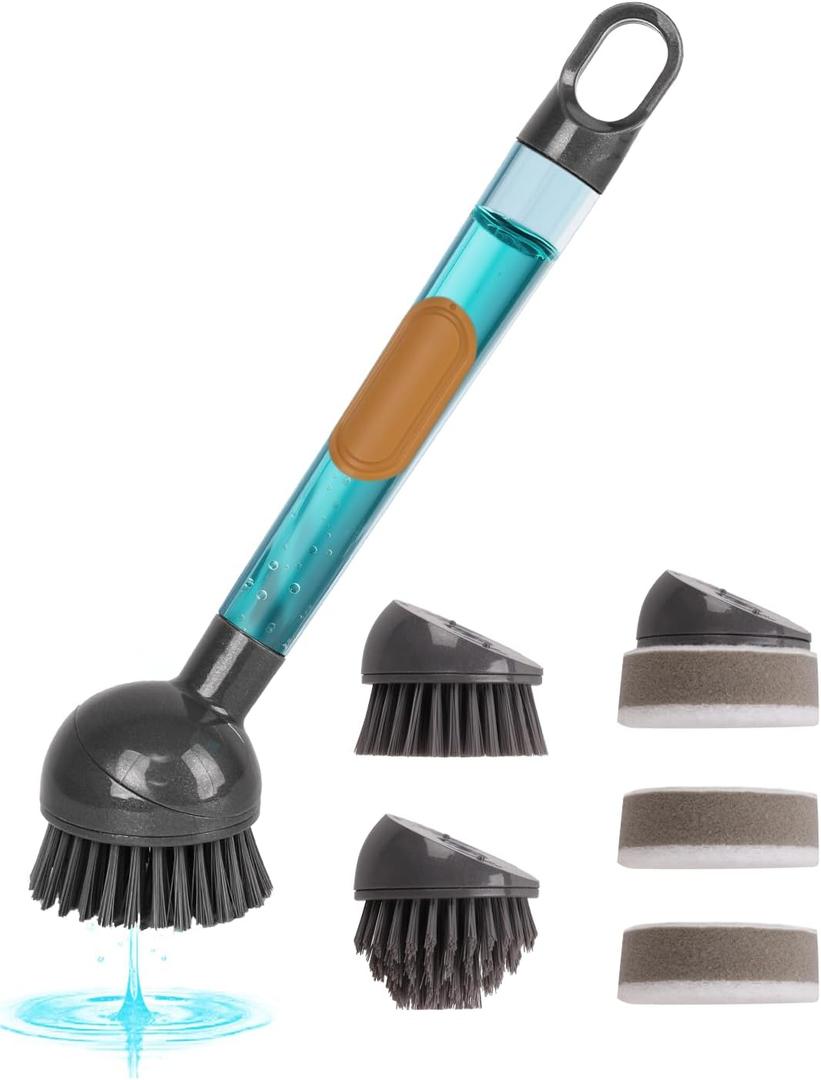 Soap Dispensing Dish Brush Storage Set with 360 Rotating Head, Kitchen Brush with 2 PCS Different Brush Heads & 3 PCS Sponges, Dish Brush Set with Handle for Dishes, Sink, Pans, Pots.