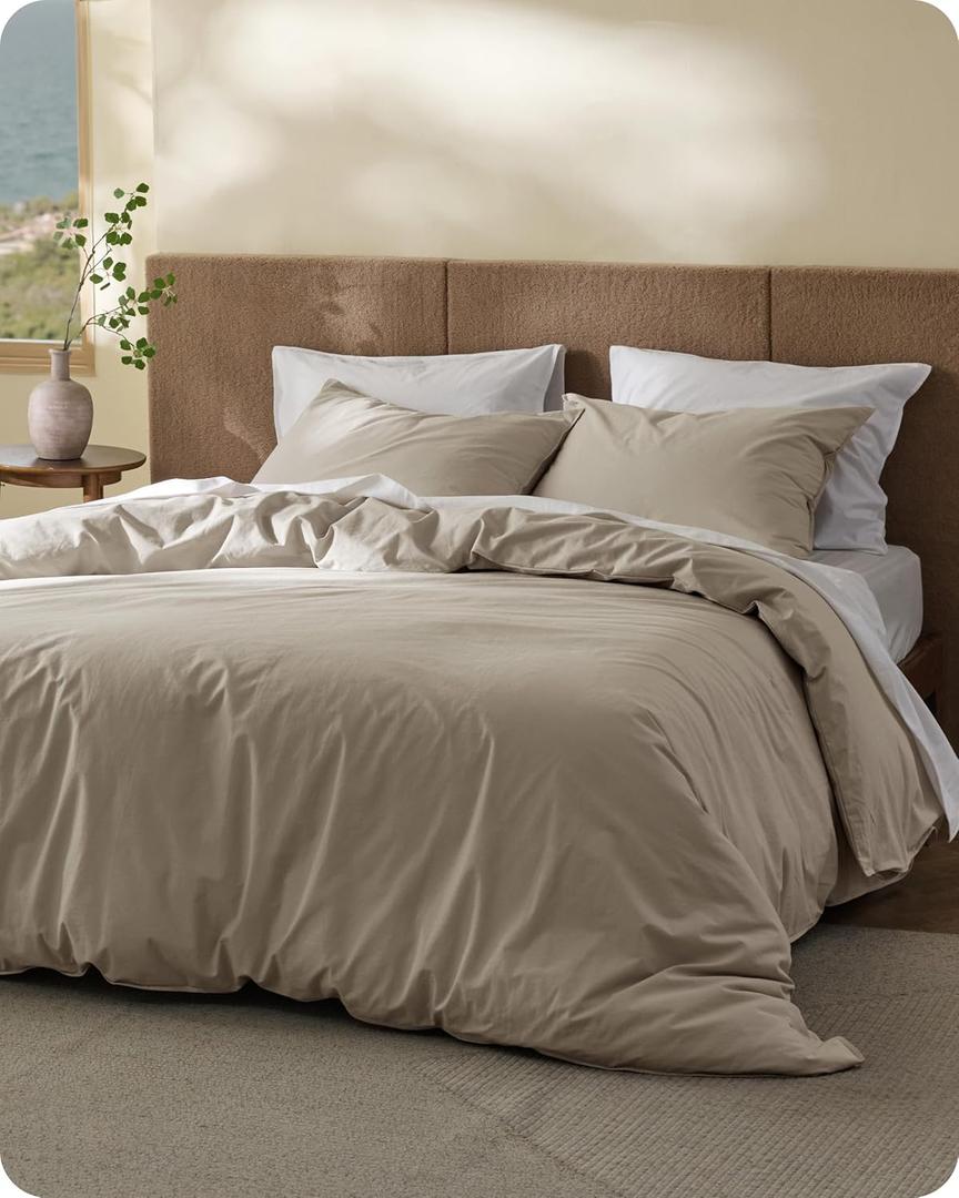Bedsure Cotton Duvet Cover Queen - Luxury Slub Weave 100% Cotton Duvet Cover with a Linen Like Textured, Easy Change Durable Bedding, Tannish Linen Grey, 90" x 90"