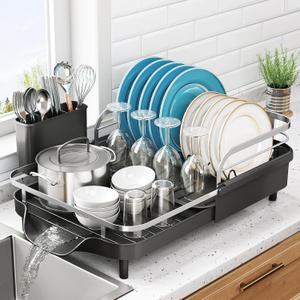SNTD Dish Drying Rack, Expandable Dish Rack for Kitchen Counter, Stainless Steel Dish Drainer with Drainboard Set and Utensil Holder (Black), 15.2" to 22.1 Inches