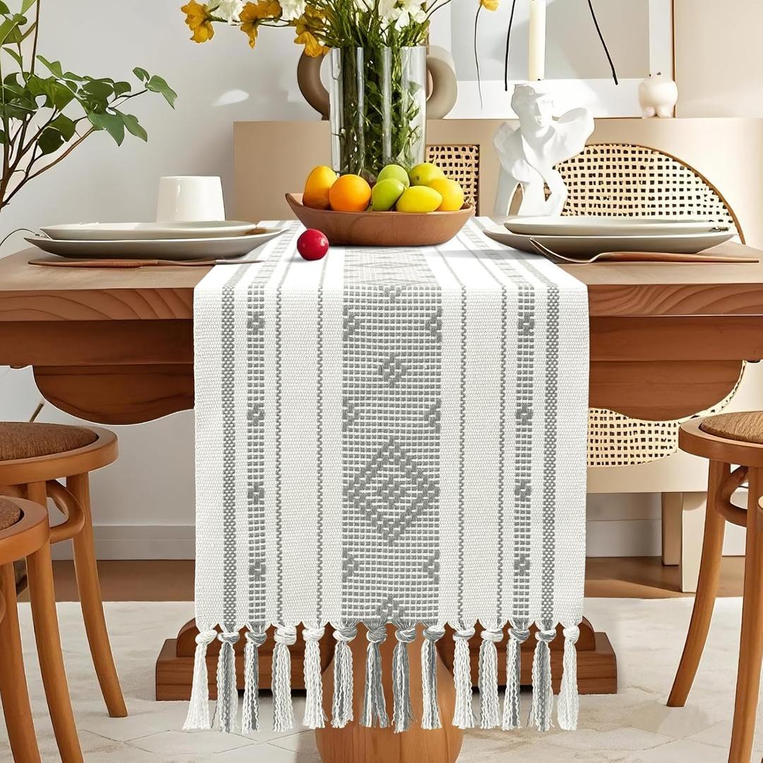 OTOSTAR Grey Table Runner 13x72 Inches Boho Rustic Table Runner with Tassels Farmhouse Kitchen Dining Macrame Table Decoration for Christmas Home Wedding Party Birthday Holiday Decor (Grey)