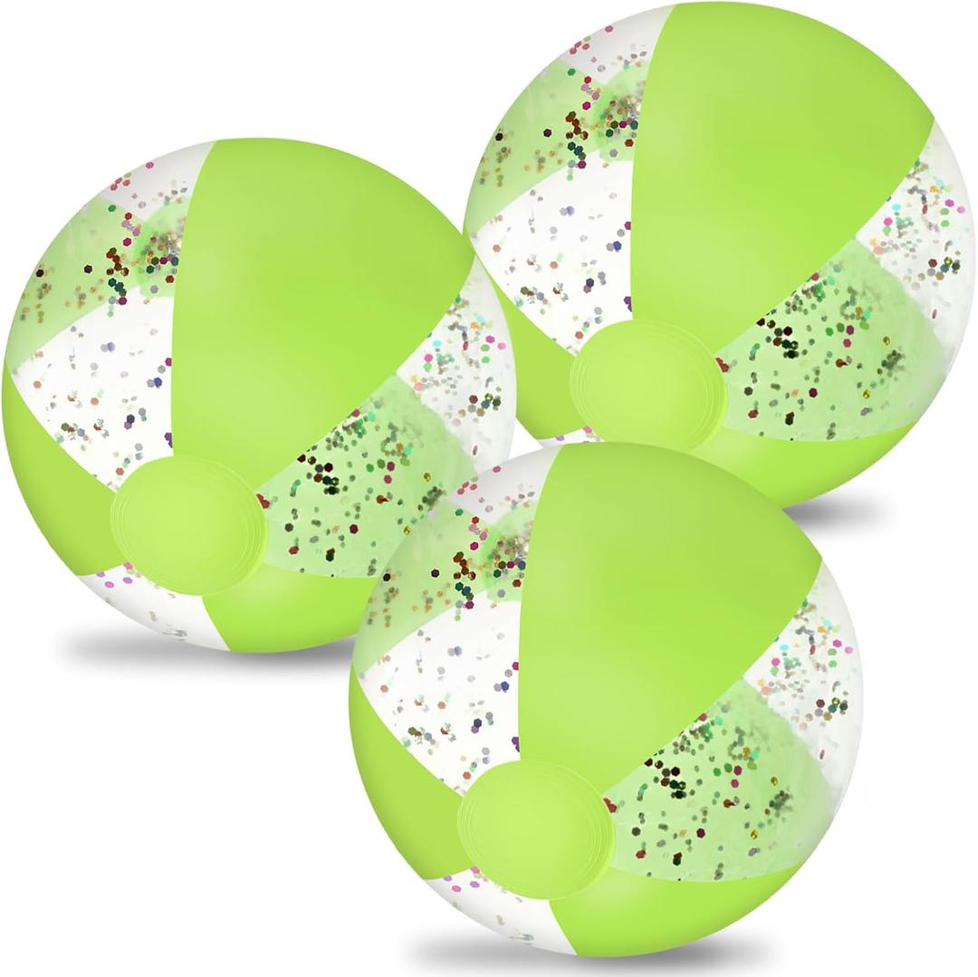Whaline 3Pcs Glitter Inflatable Beach Ball 16 Inch Round Confetti Pool PVC Balls Cute Game Toys (Green)