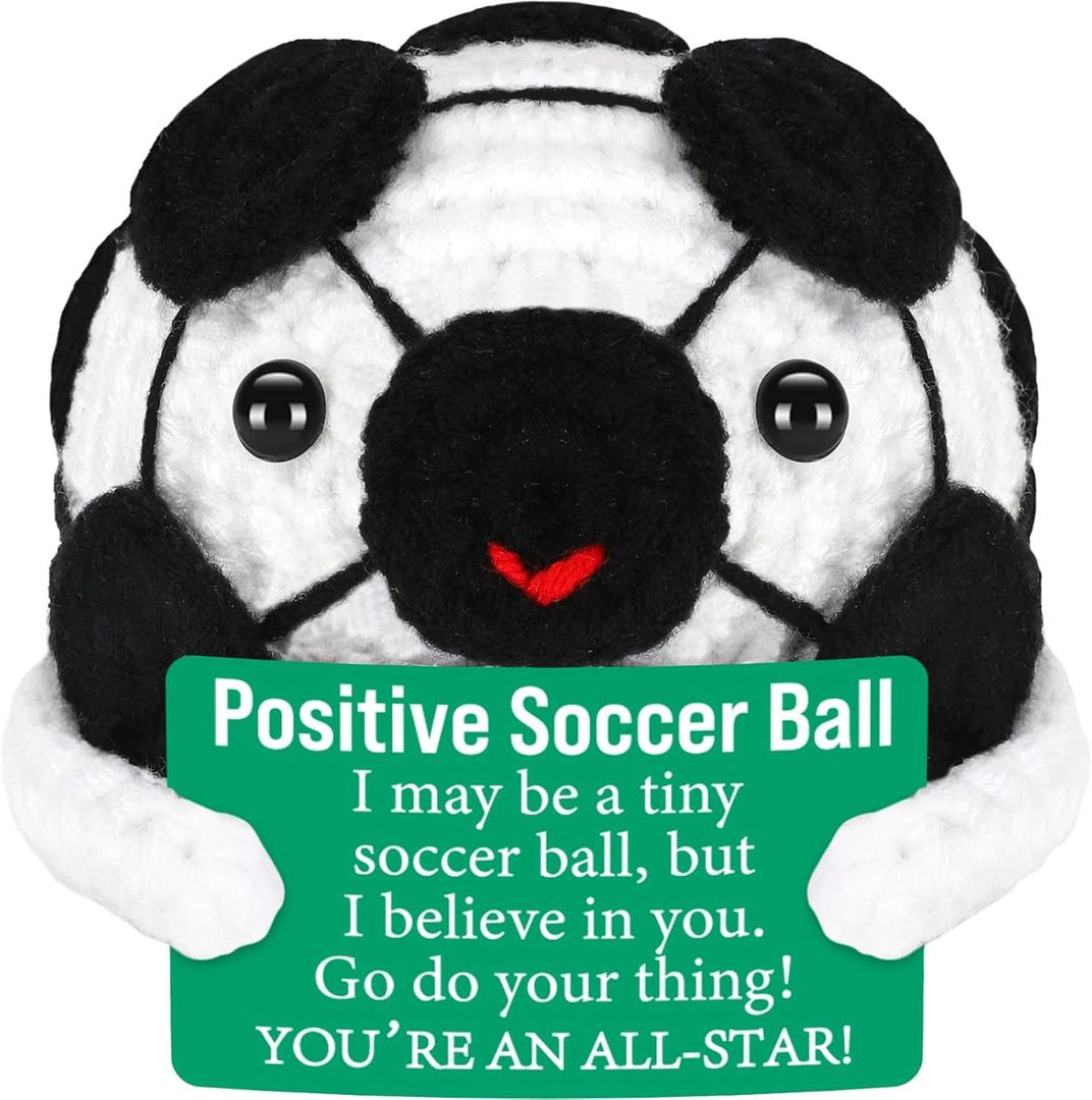 2 x BiuNiuring Positive Crochet Soccer Gifts for Teens Boys Girls Men Women | Funny Back to School Birthday Gifts with Encouragement Card for Friends, Cute Match Season Gift for Players Fans Team Lovers