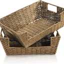 2 Pack Open Front Storage Baskets, Brown Paper Rope Woven Basket with Built-in Handles, 13''W x 10.6''D x 4.7''H Pantry Organzier Bins for Shelf, Bedroom, Living Room, Pantry