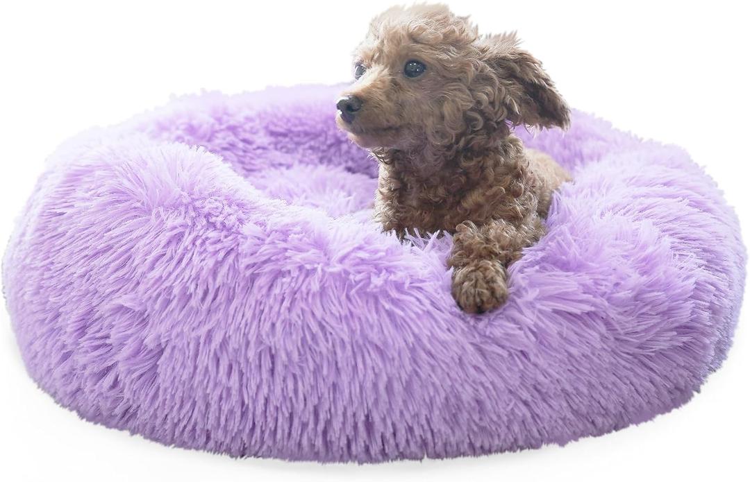Purple Dog Bed for Small Dogs 19 Inch Donut Cuddler Plush Cat Calming Bed Machine Washable, Non-Slip Fluffy for Joint-Relief and Sleep Improvement (19.0"L x 19.0"W x 6.0"Th, Purple)