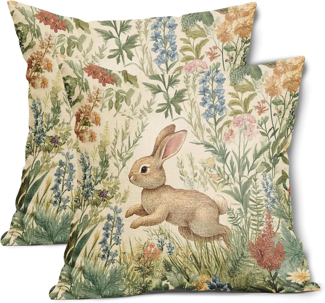Spring Pillow Covers 16x16 Inch Set of 2 Rabbit Bunny Floral Flower Green Leaves Vintage Botanical Plants Easter Themed Cotton Linen Decorative Throw Pillow Case for Bedroom Sofa Living Room Chair
