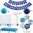 Blue Happy Birthday Banner Decorations with Tablecloth, Pom Poms, Stars Swirl Streamers for Boys Women Girls Birthday Party Decorations