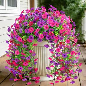 Artificial Fake Flowers for Outdoors,2PCS Faux Hanging Flowers for Spring Decor, UV Resistant Artificial Look Real Silk Flower for Outside Front Porch Garden Patio Home Decor (Purple Hot Pink)