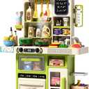 33.8IN Kids Kitchen Playset, 63PCS Kid Play Kitchen with Realistic Lights & Sounds, Spray Sink Toy Kitchen Accessories, Pretend Food Toys Kitchen for Boys Girls Toddlers(Green)