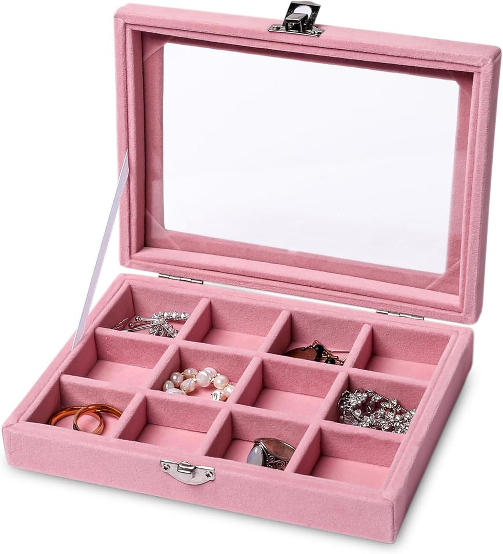 Frebeauty Jewelry Organizer Tray with Clear Lid,12 Grid Velvet Drawer Insert Jewelry Storage Box with Transparent lid Jewelry Display Case Store Showcase Jewelry Box Gift for Women(Pink,12 Grid)