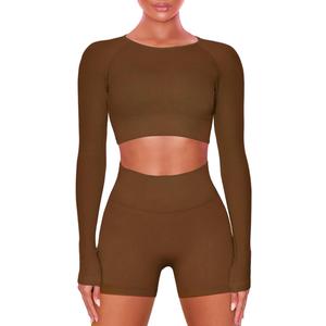 Women Workout Sets 2 Pieces Long Sleeve Yoga Outfits Gym Clothes Seamless Ribbed Crop Top High Waist Leggings M