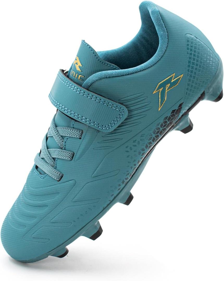 RUNIC Kids Soccer Cleats for Boys and Girls - Small and Big Kid Athletic Outdoor Football Shoes - Firm Ground - Hook and Loop Closure - Black/Gold (Green)