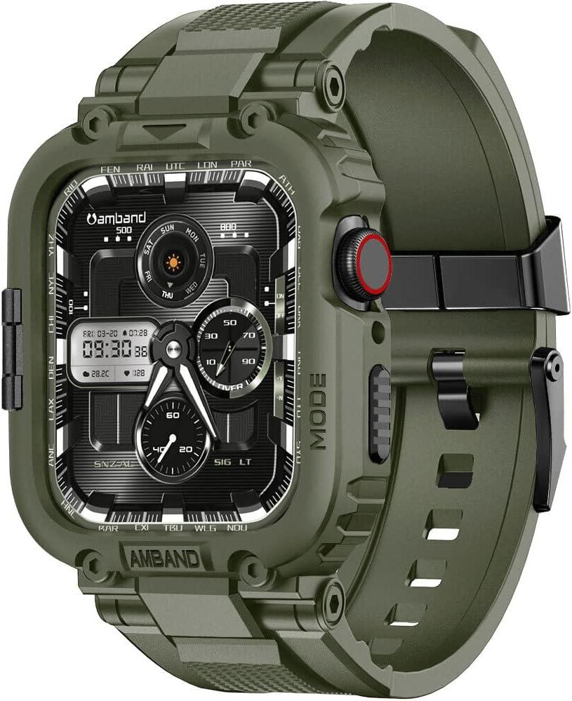 amBand Bands Compatible with Apple Watch 9/8/7 45mm, M1 Sport Series Rugged Case Protective Cover for iWatch 6/SE (3/2/1)/5/4/3 44mm 42mm Men Green