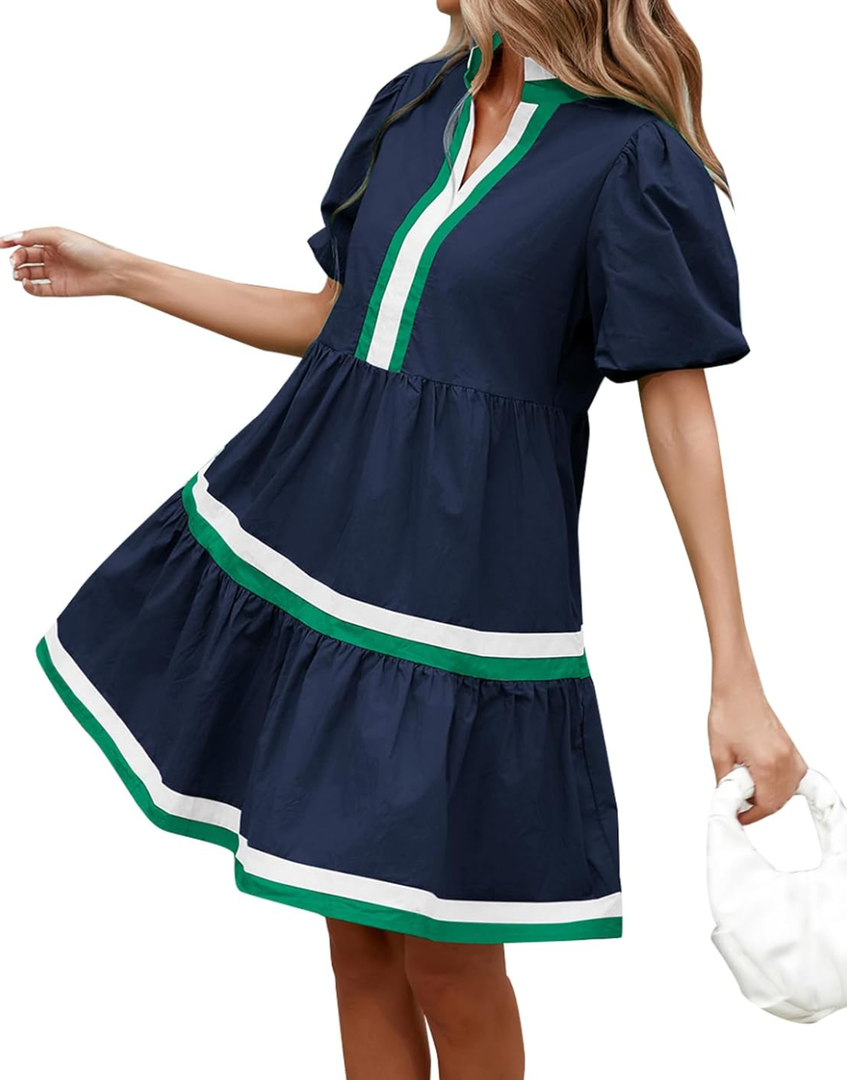 LifeShe Womens Puff Sleeve Babydoll Dress V Neck Navy Blue Striped Color Block Tiered Mini Dresses S