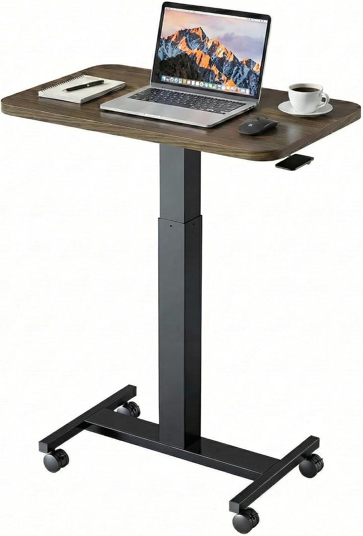 HUANUO Small Rolling Laptop Standing Desk, Height Adjustable Mobile T-Base Desk with Lockable Casters, Portable Sit-Stand Workstation for Bedside & Sofa, Walnut, 25.6" x 15.7"