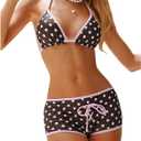 Women Cute Polka Dot Boyshorts Bikini Set Halter String Triangle Bikini Tops Tie Up Bottom Beach Vacation Swimsuit, Medium