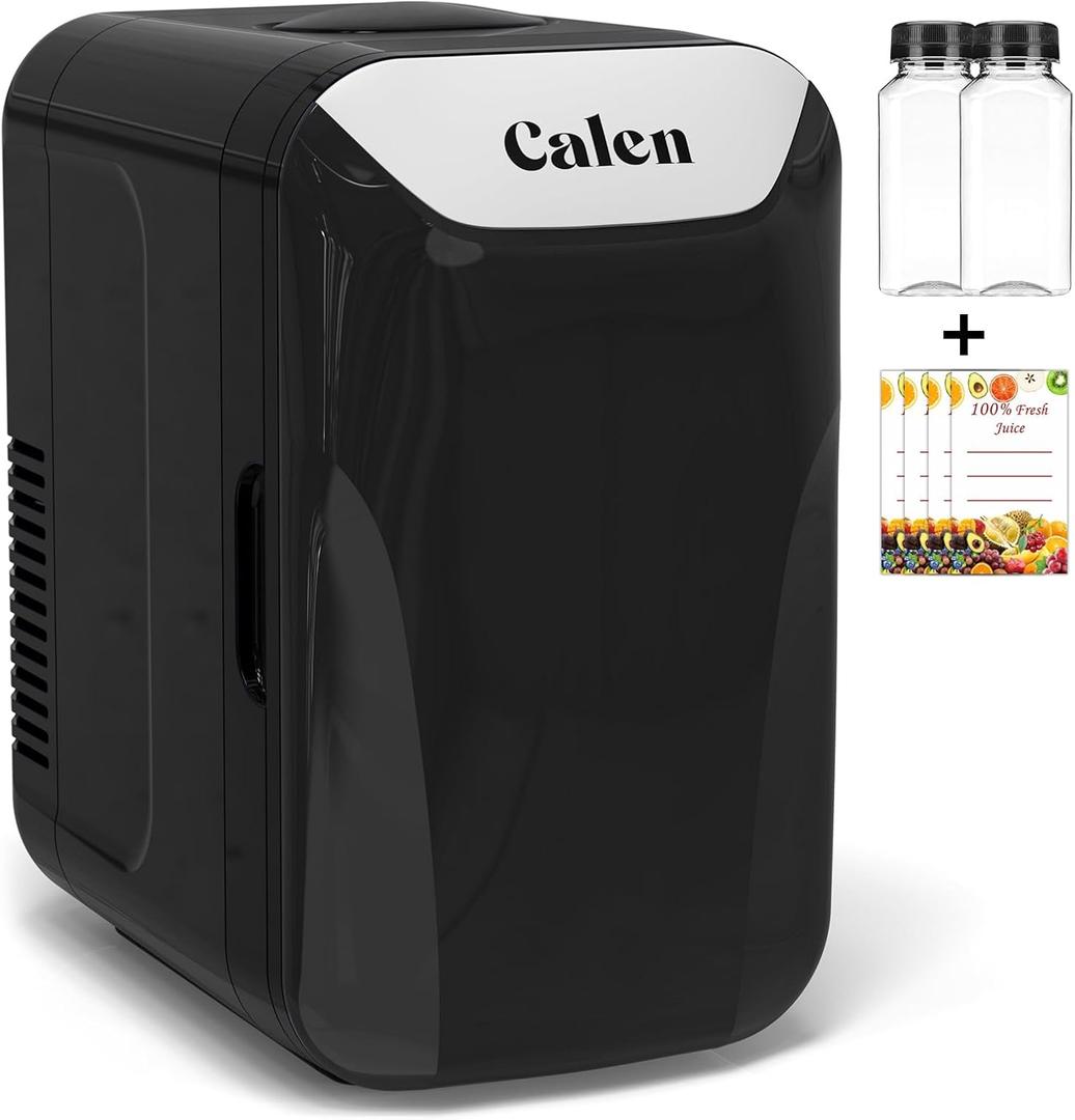 CALEN Mini Fridge with 2 Bottles, 6L/8 Cans Mini Fridge for Bedroom, Skincare Fridge 110V AC/12V DC Small Refrigerator for Food, Beverages, Cosmetics, Portable Mini Refrigerator for Office, Dorm, Car