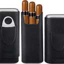 COOL KNIGHT Leather Cigar Case - Cedar Wood Lining Travel Humidors for Cigars - Cigar Accessories Include Stainless Steel Cigar Cutter - Cigar Gift Box for Cigar Lovers (Black)