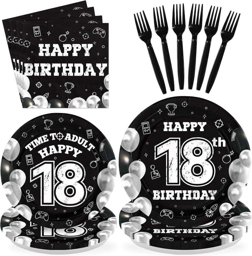 96 Pcs 18th Birthday Decorations for Boys Girls Black White 18th Party Plates Disposable Time To About Happy 18 Paper Tableware Set for 18 Year Old Birthday Party Supplies Serves 24