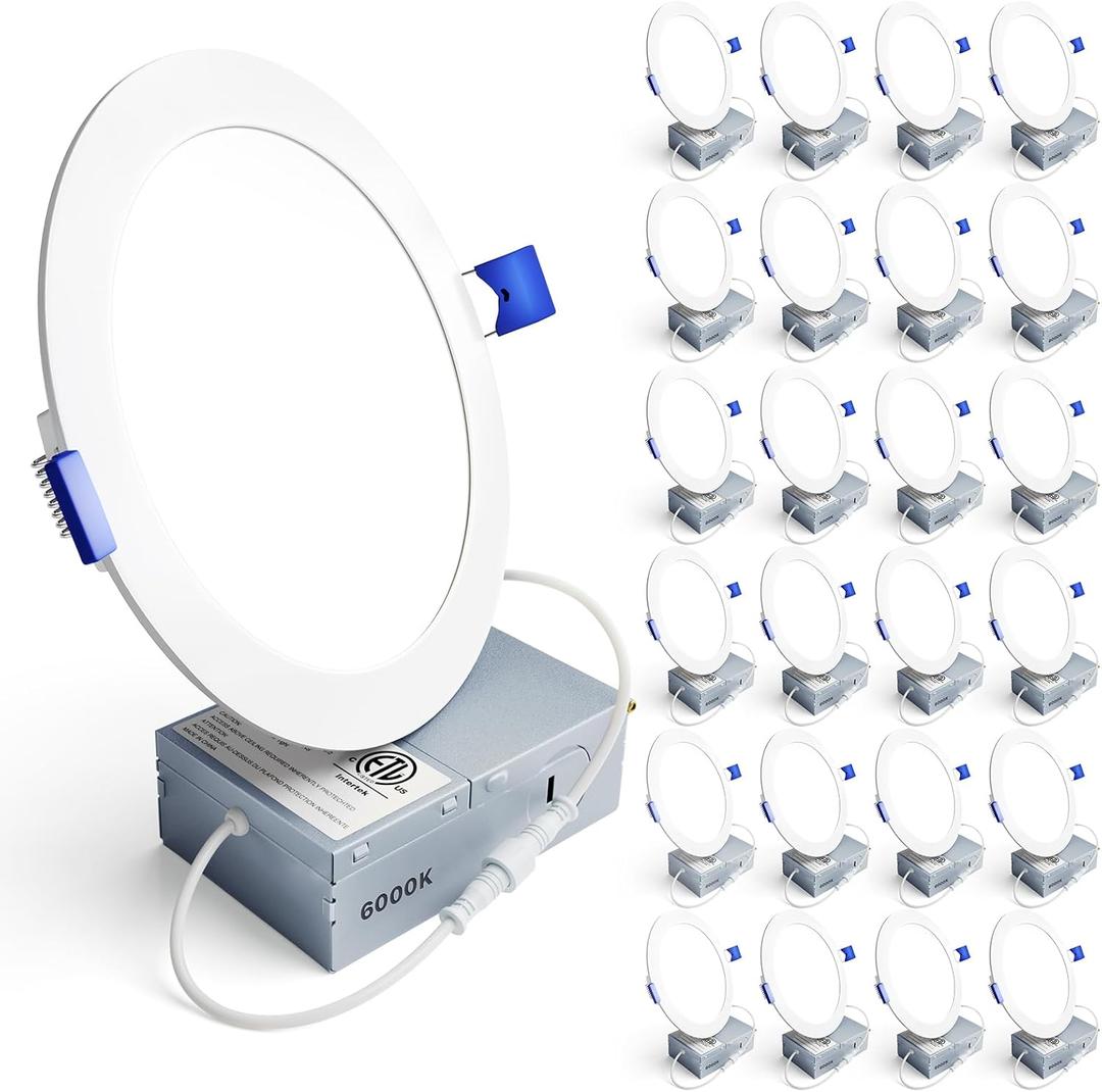 Ensenior 24 Pack 6 Inch LED Recessed Light, Dimmable, 6000K Clear White, 1200LM High Brightness, 12W 120V, Damp Rated, Ultra-Thin Canless Wafer Ceiling Light - ETL & FCC & IC