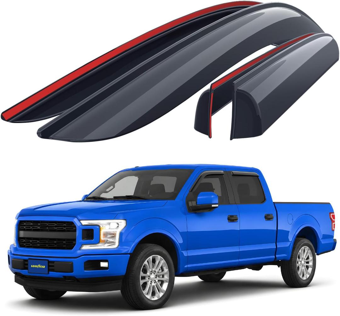 Goodyear Shatterproof Side Window Deflectors for Trucks Ford F150 2015-2026 SuperCrew, Vent Visor, Truck Accessories, Tape-on Rain Guards, Window Visors, Vent Deflector, 4 pcs - GY003282