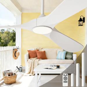 White Ceiling Fan with Light and Remote 52 Inch, Wood Outdoor Ceiling Fans with Lights 3 Blade Propeller High CFM Wet Rated Modern Fan for Indoor Living Room Patios Gazebo Bedroom