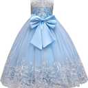Flower Girl Lace Dress for Kids Wedding Bridesmaid Pageant Party Formal Long Maxi Gown Big Little Princess First Communion Birthday Dance Prom Sequins Bowknot Puffy Tulle Dresses, Blue, 9-10 Years
