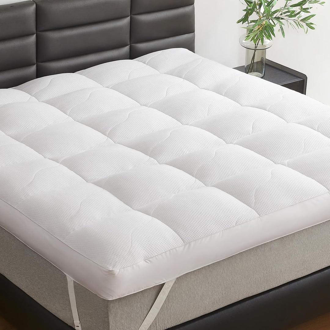 Dual Layer 5 Inch Goose Feather Mattress Topper Full Size, 4 Inch Goose Feather Plus 1 Inch Down Alternative Pillow Top, Medium Firm Featherbed with Adjustable Straps(54"x75", Wavy) (White)