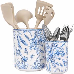 Bico Blue Garden Toile De Jouy Ceramic Utensil Holder Set of 2, Ceramic Kitchen Utensil Crocks for Countertop, Large Cooking Tool Holder Counter Decor, Spatula Organizer