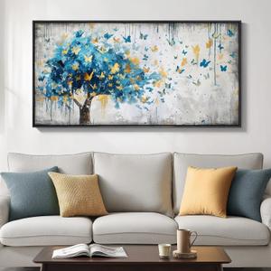 Framed Large Tree Wall Art, Blue and Gold Abstract Tree of Life Canvas Painting Print Artwork for Walls, Modern Golden Butterfly Picture for Living Room Bedroom Dining Room Hallway Wall Decor, 20x40